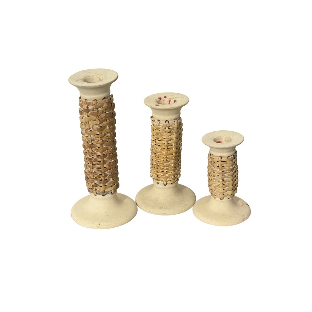 Vintage  Candlestick Holders Set of 3  Cream Wicker Rattan Ceramic Taper Boho